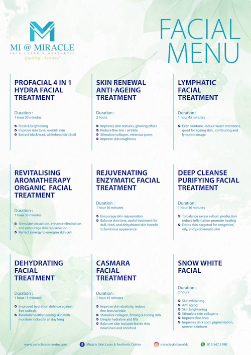 MI Clinic Facial Treatment Menu